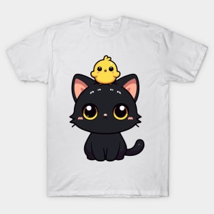 Cute Black Cat And Yellow Bird T-Shirt